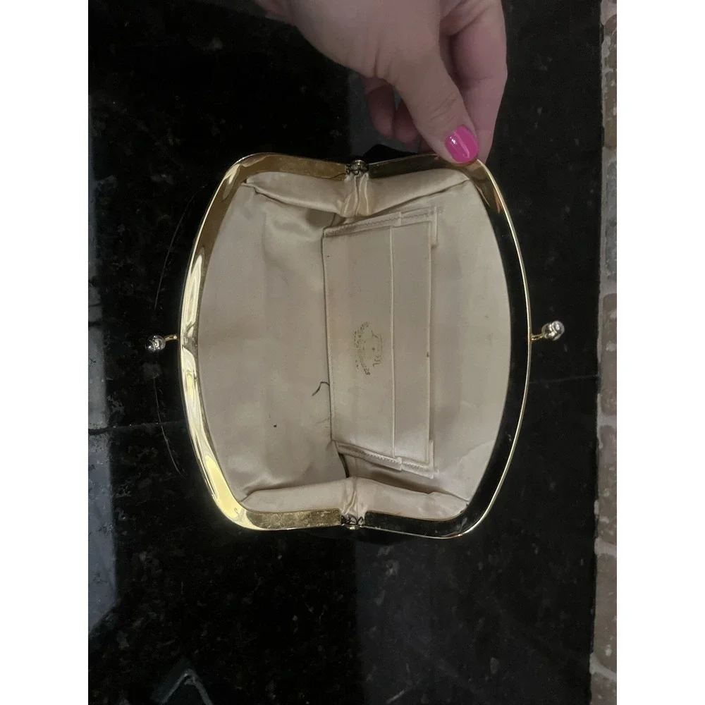 L&M MADE by EDWARDS Vintage BLACK SATIN EVENING BAG with Gold &‎ Crystal Border